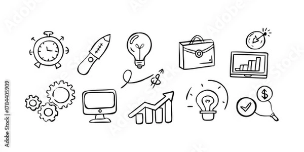 Fototapeta Office symbols in black line art with transparent background