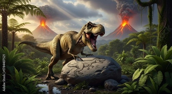 Obraz Dinosaur in lush prehistoric jungle with erupting volcanoes and volcanic ash clouds
