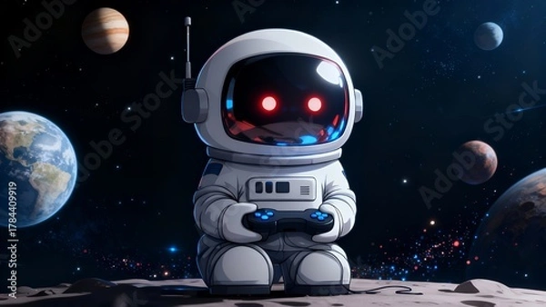 Fototapeta Cosmic Gamers: Mini Astronaut Playing in Starlit Space