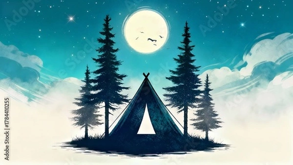 Fototapeta Moonlit Wilderness Camp: Starry Night Tent Among Pine Trees