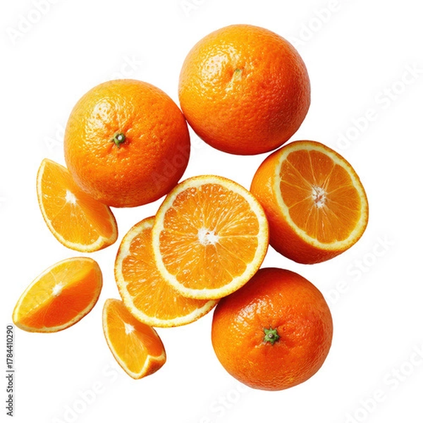 Fototapeta Fresh oranges, whole, halved and sliced, isolated view