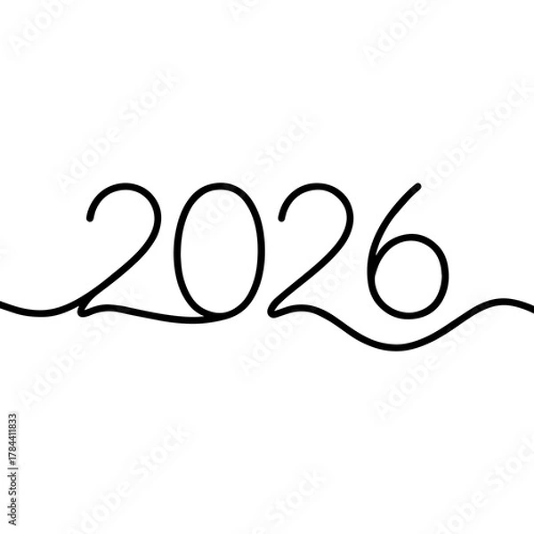Fototapeta Continuous One-Line 2026 Drawing – Minimalist Single Stroke Year Typography for Modern Art and Simplicity
