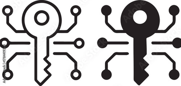 Obraz Digital key technology icon representing cybersecurity, data encryption, secure access, and cryptographic solutions for information technology. isolated on white background, Vector, illustration