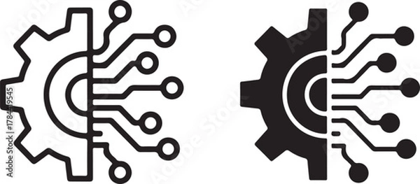 Obraz Digital gear and circuit board icon illustrating integrated mechanical and electronic systems, smart technology, and advanced automation. isolated on white background, Vector, illustration
