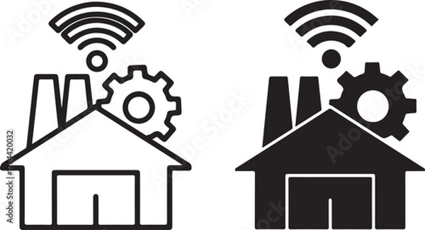 Obraz Smart factory and industrial iot concept icon showing connected manufacturing processes with automation, gear, and wireless network symbol isolated on white background, Vector, illustration