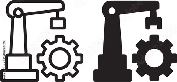 Obraz Robotic arm icon and gear icon illustrating industrial automation, manufacturing processes, and mechanical engineering in modern production isolated on white background, Vector, illustration