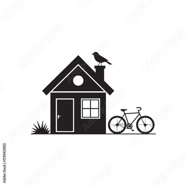 Fototapeta Simple black silhouette of a house with a bird and bicycle