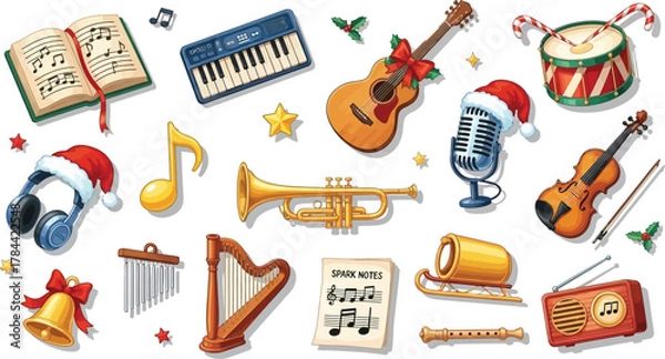 Obraz Christmas music instruments, including sheet music, keyboard, guitar, drum, microphone, violin, trumpet and harp