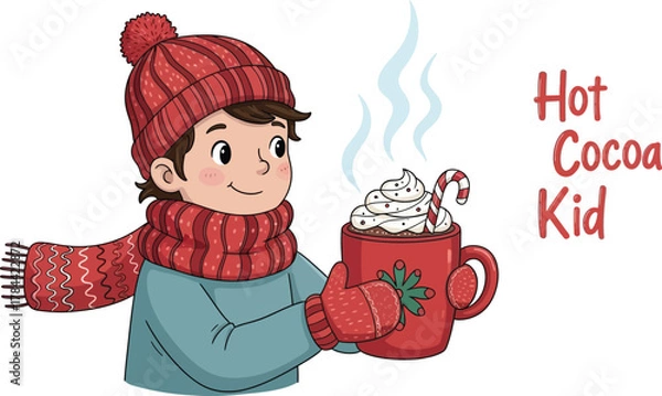 Obraz A cute kid wearing a red hat and scarf is holding a mug of hot cocoa with whipped cream