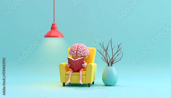 Obraz Conceptual representation of the human brain enjoying reading a book while relaxing in an armchair under a modern lamp