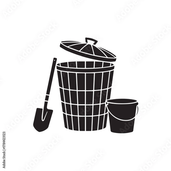 Fototapeta Trash can with shovel and bucket