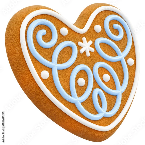 Fototapeta Sweet Iced Gingerbread Cookie Heart With Pattern. 3D Gingerbread Heart shape. Traditional Christmas And New Year Festive Delicacy And Decor. Isolated On Transparent Background