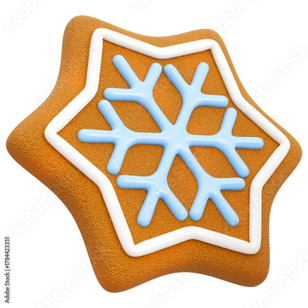 Fototapeta Sweet Iced Gingerbread Cookie Star With Snowflake. 3D Gingerbread Star shape. Traditional Christmas And New Year Festive Delicacy And Decor. Isolated On Transparent Background