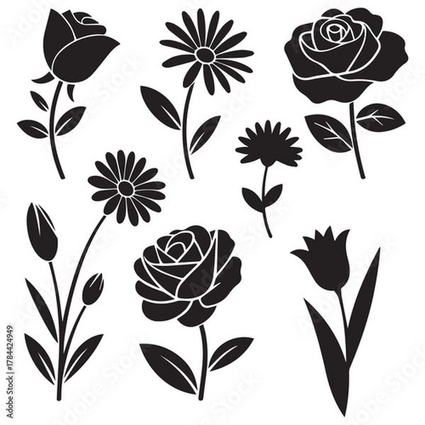 Fototapeta A set of eight different flower icons in black on a white background