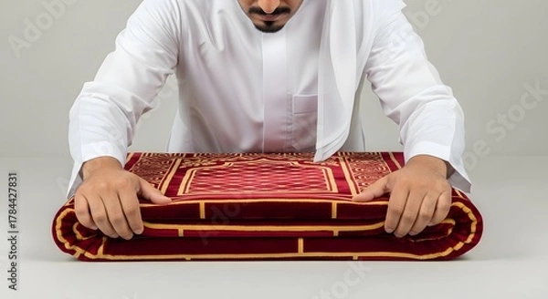 Fototapeta A person in a white shirt carefully rolling out a prayer rug on a plain white surface, preparing for a religious or spiritual practice