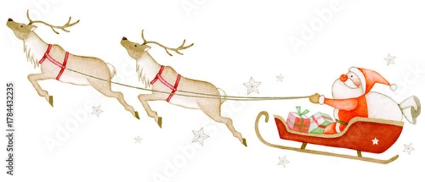 Obraz トナカイのソリに乗るサンタクロース　クリスマス　水彩 イラスト