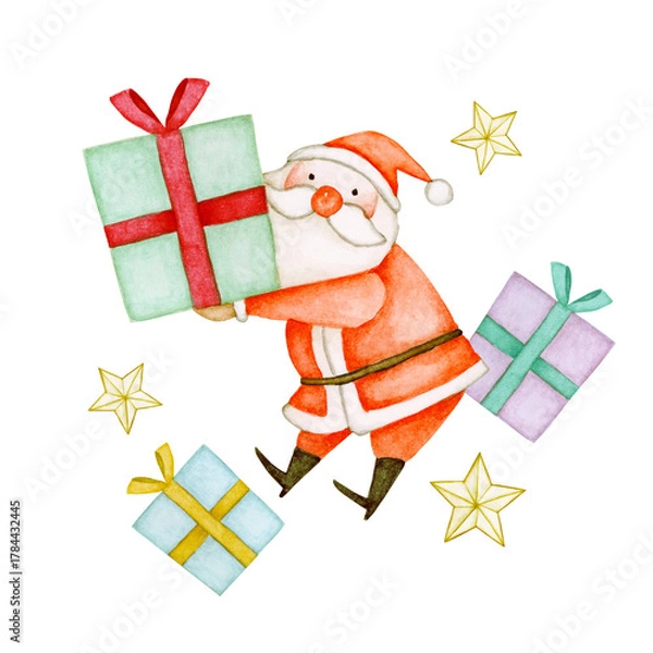 Fototapeta クリスマスプレゼントを配るサンタクロース　水彩 イラスト