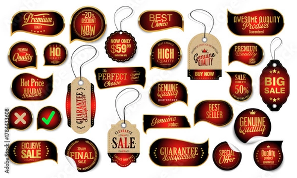 Obraz Golden luxury labels and banners, gold badge vector .premium quality certificate seal ribbons, Shield, VIP, super quality sticker tags and banners for best product seals, top no ,Black Friday sale tag