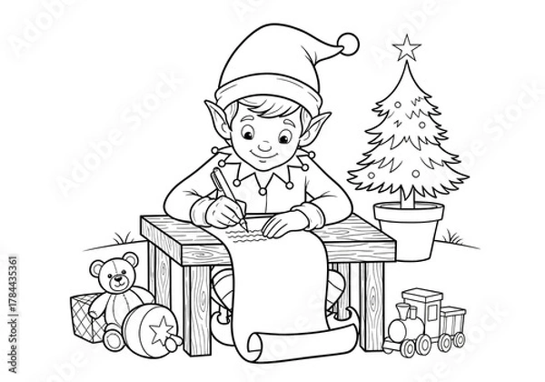 Fototapeta Christmas elf writing gift list at wooden table with toys and tree