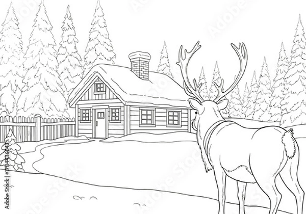 Obraz Reindeer by a Snowy Cabin in Winter Forest