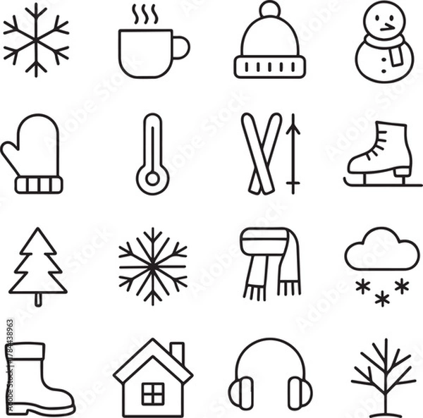 Fototapeta Vector monochrome line icon set about winter