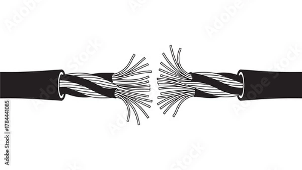 Fototapeta Broken electrical cable with frayed wires vector illustration of damaged power cord isolated on white background