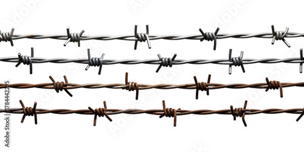 Fototapeta Four rows of barbed wire with varying rust levels isolated on transparent background