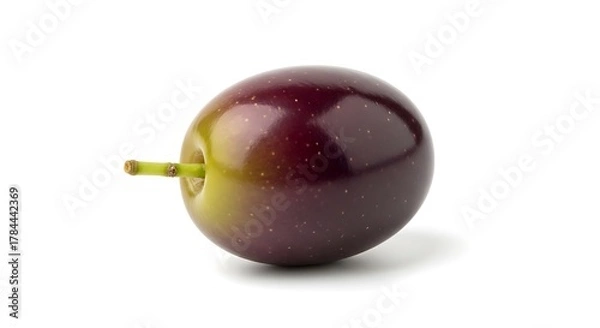 Fototapeta Single Ripe Olive with Stem on White Background.