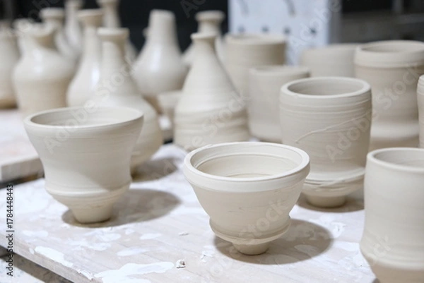 Fototapeta Processing pottery vase and cups  drying 
