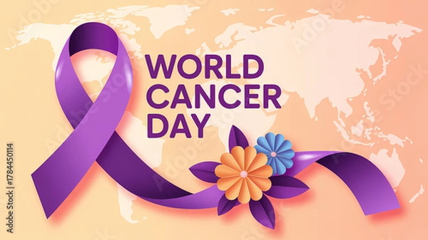 Fototapeta World Cancer Day awareness ribbon with flowers and global map background