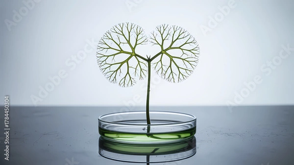 Fototapeta Delicate branching plant grows from petri dish with vibrant green liquid science