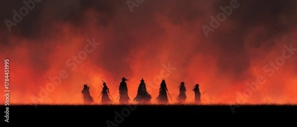 Fototapeta Mysterious Figures in Silhouette Against a Fiery Background at Dusk in an Abstract Style