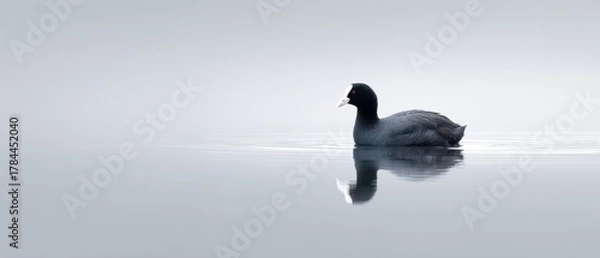 Obraz Serene Bird Gliding on Calm Water in Misty Landscape at Dawn