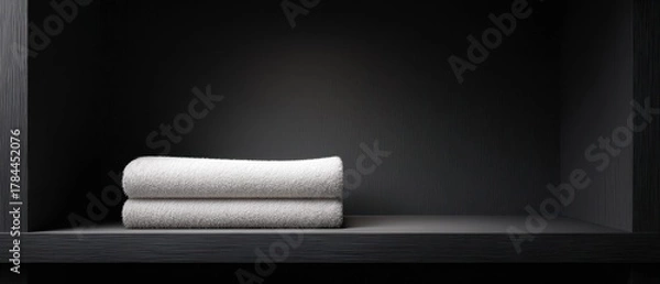 Fototapeta Neatly Folded White Towels on a Sleek Dark Shelf with Soft Lighting