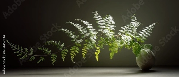 Obraz Elegant Green Ferns in Minimalist Ceramic Vase with Soft Lighting and Shadow Play