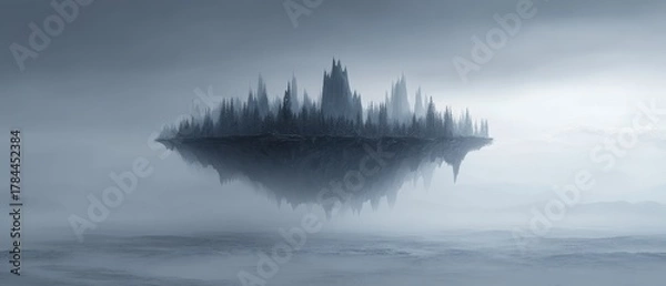Fototapeta Majestic Floating Island Surrounded by Mist and Overcast Sky in a Fantastical Landscape