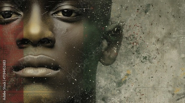 Obraz Abstract portrait of a Black man with African tribal patterns in red, green, and yellow, representing heritage, identity, and cultural pride for Black History Month celebration. Copy space