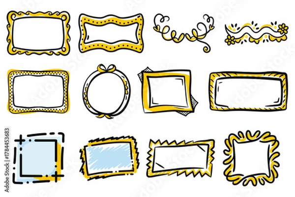 Fototapeta Collection of Hand Drawn Yellow and Black Doodle Frames and Borders vector