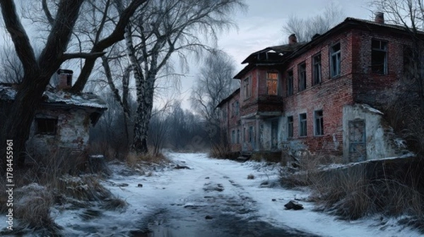 Fototapeta Abandoned Brick House in a Cold Winter Landscape with Bare Trees and Snow