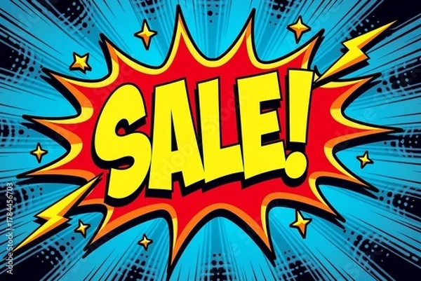 Obraz Vibrant comic-style "SALE!" burst in red and yellow, surrounded by stars on dynamic blue background. Bold, eye-catching advertisement design.