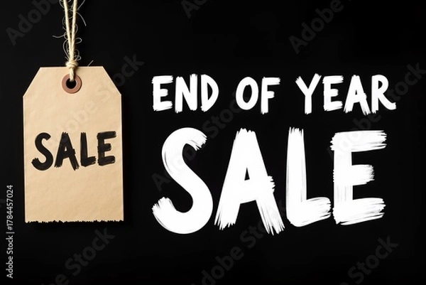 Fototapeta End of year sale tag hangs beside bold white text on black background, promoting final discounts and urgency.