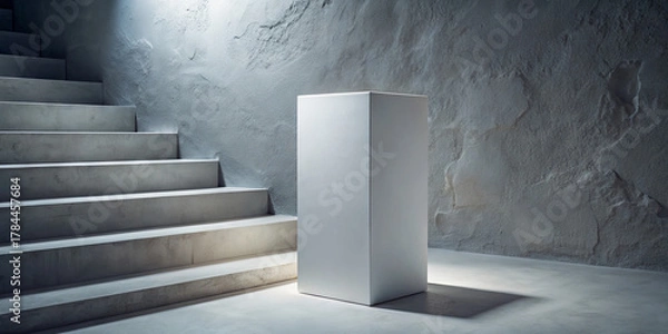 Fototapeta A plain white pedestal is positioned at the bottom of a staircase in a softly lit space. The textured walls and gentle shadows enhance the enigmatic vibe of the scene