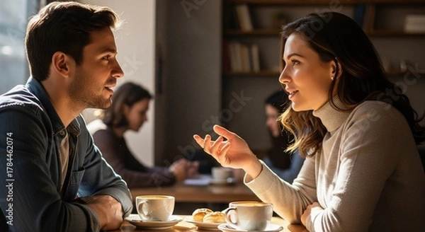 Fototapeta Dialogue in the Cafe: A moment of intimate conversation unfolds as a couple engages in a deep discussion within a cozy cafe setting, highlighting connection and shared experience.