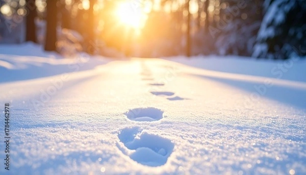 Fototapeta 雪に残された足跡、冬の森の静けさ
