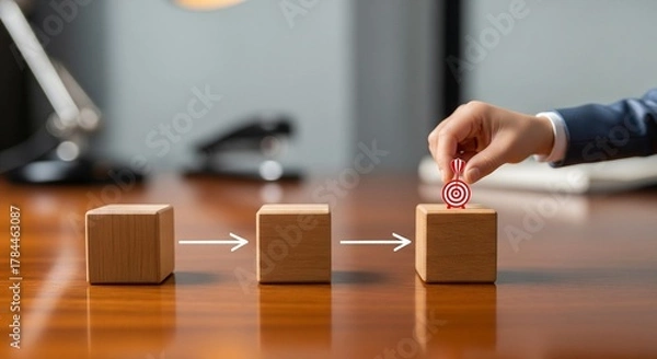 Fototapeta Building a Business: A focused individual meticulously places a strategic icon on the final block, symbolizing the successful completion of a business strategy and the fulfillment of goals.