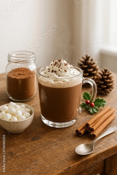 Fototapeta Homemade Hot Chocolate on Wooden Table with Pinecones and Holly 