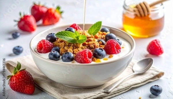 Obraz ベリーと蜂蜜が彩るヨーグルトボウルの爽やかな朝食風景
