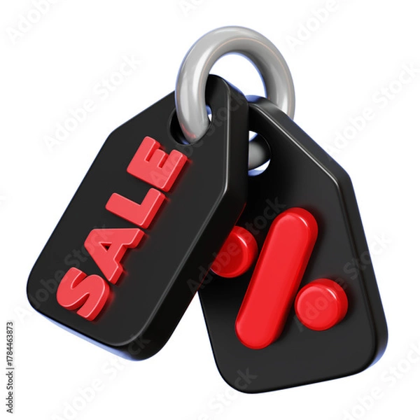 Fototapeta Black and Red Hanging Price Tag with Sale Text and Percentage Symbol, Discount Label on Metal Loop. 3D Rendering