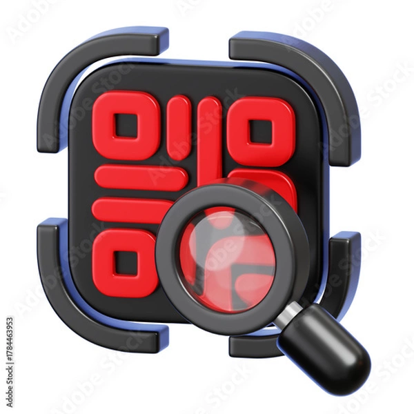 Fototapeta QR Code Scanning and Searching Concept, Magnifying Glass Over OR Code. 3D Illustartion