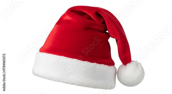 Obraz A classic red santa hat with a white fluffy trim and pompom, isolated on a transparent background